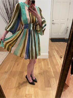 Oliphant Multicolor Striped Puff-Sleeve Mini Dress - Green, Blue, Gold, Cream